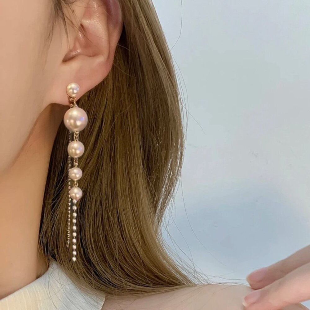 Gold Filled Simulation Pearl Long Drop Earrings